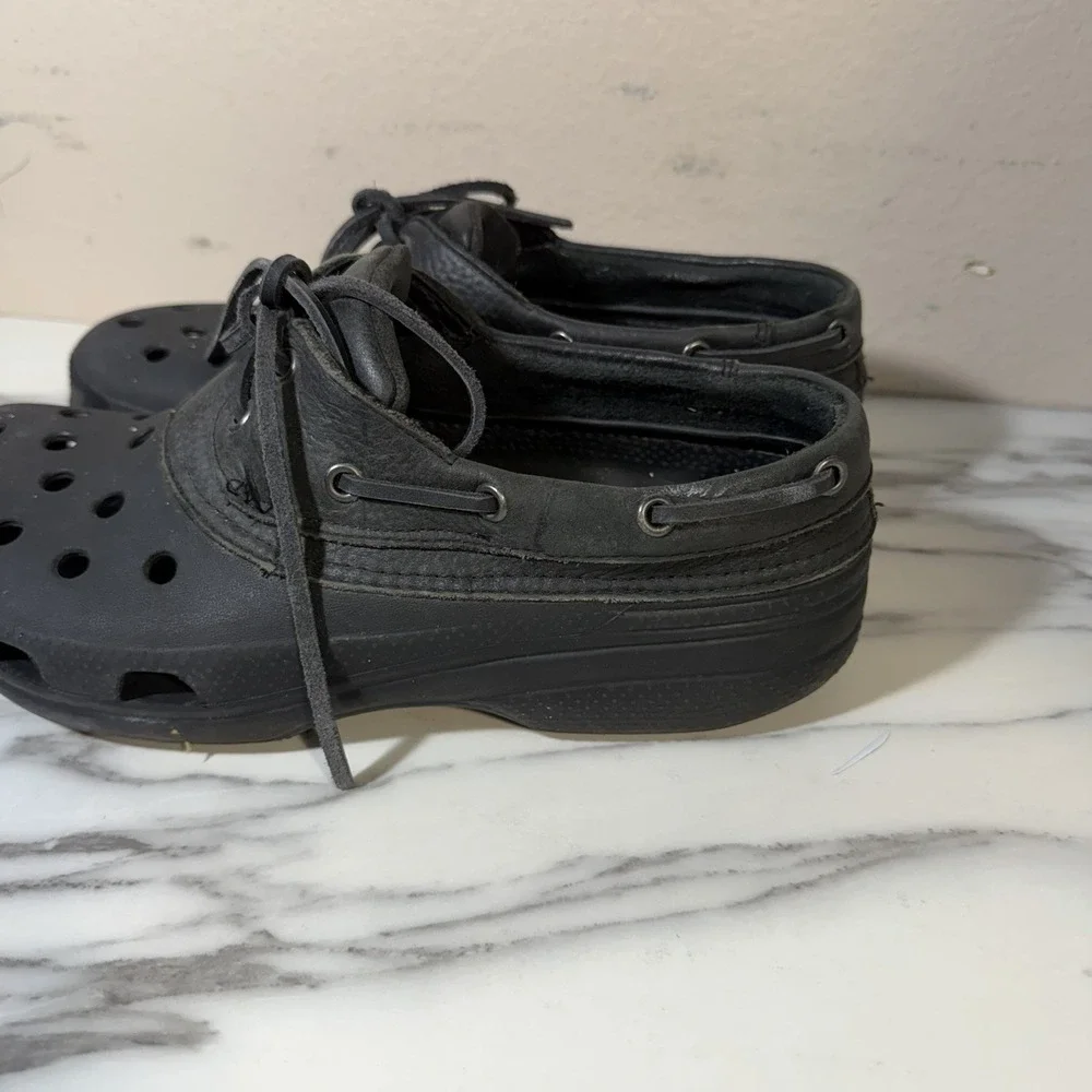 Crocs Islander Pitcrew Sport Boat Shoes Mens 9 Black Leather Upper Lace Up